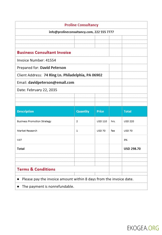 Facture du consultant en affaires.